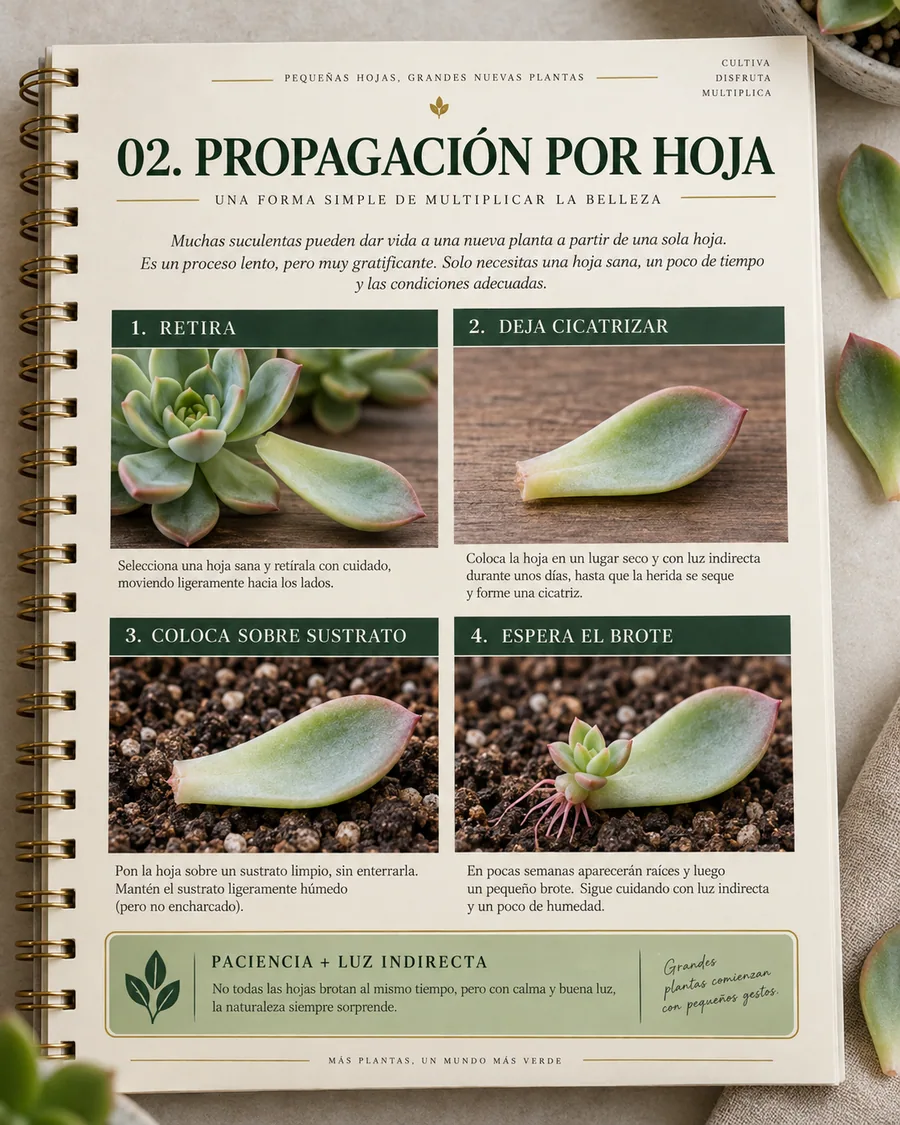Página de la guía con el paso a paso de propagación por hoja