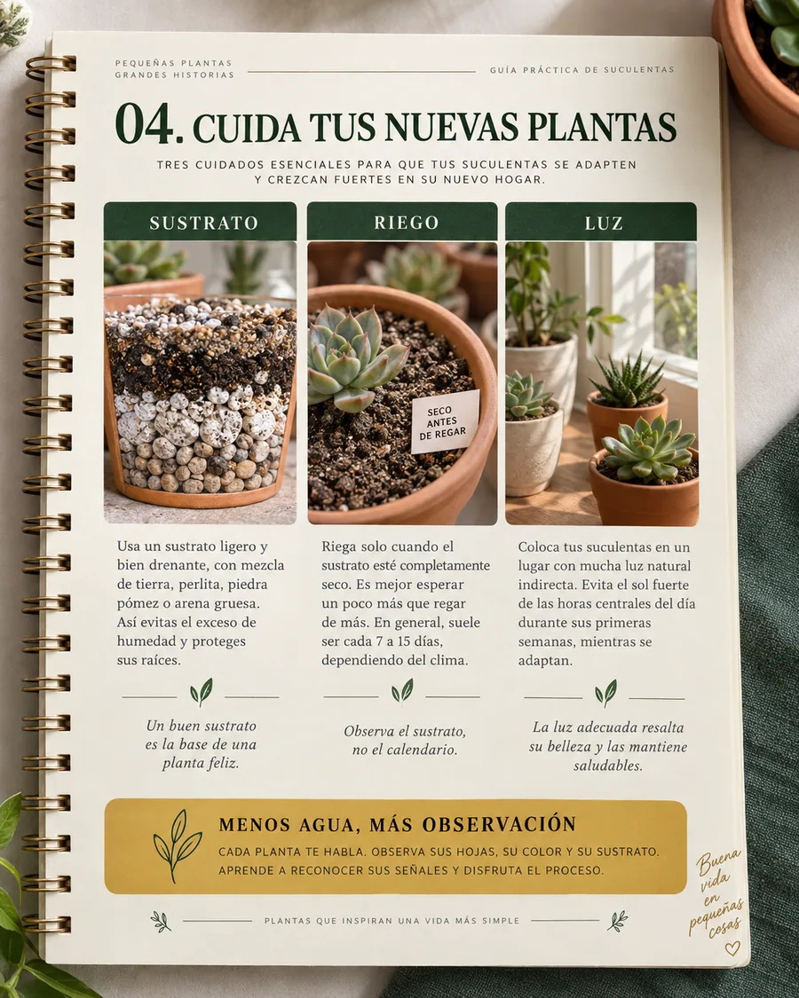 Página de la guía sobre sustrato, riego y luz