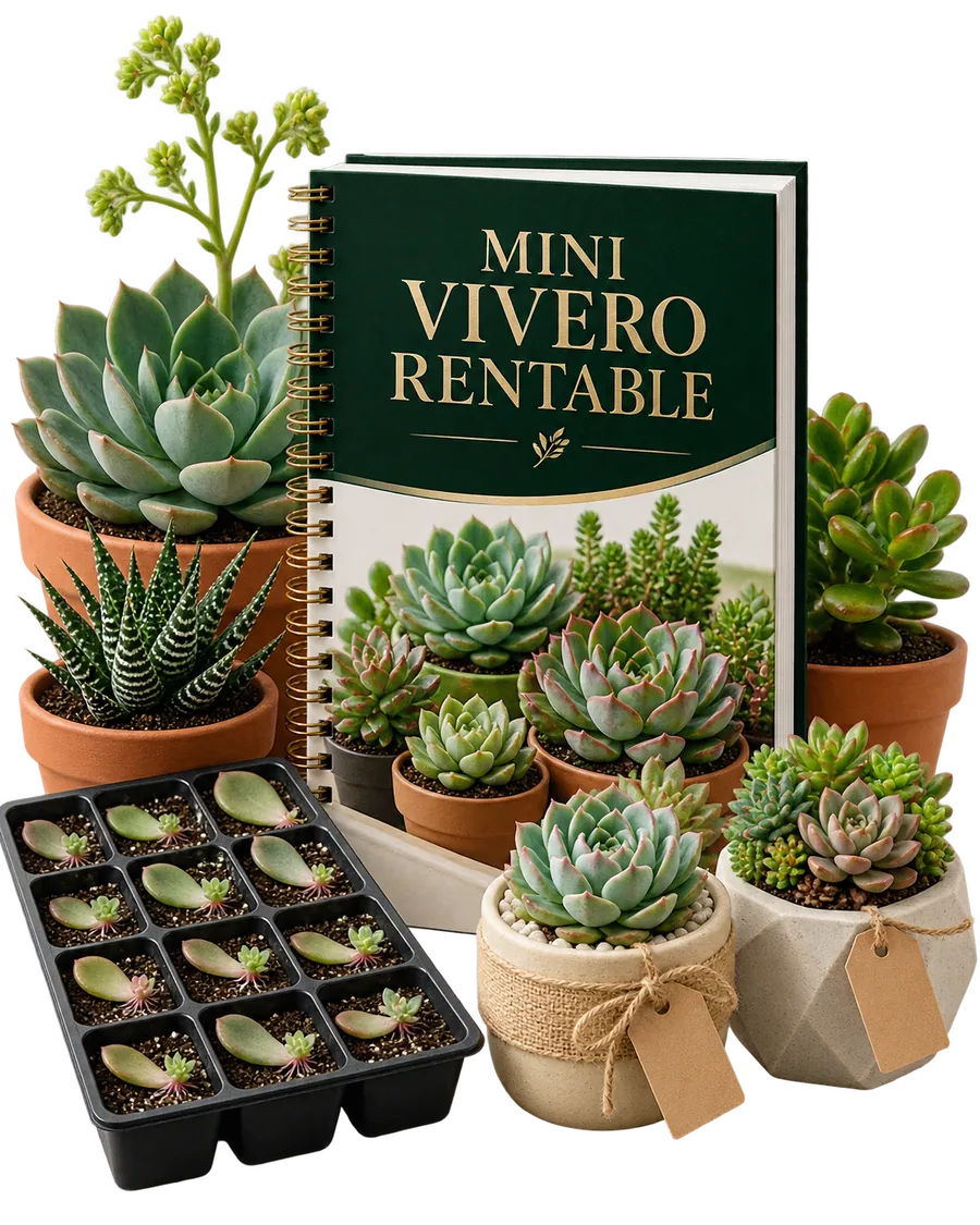 Guía Mini Vivero Rentable con páginas internas, suculentas y productos preparados para vender