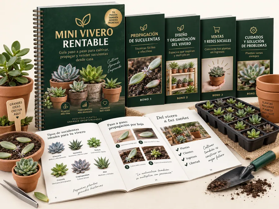 Contenido completo de Mini Vivero Rentable con guía, bonos y páginas internas